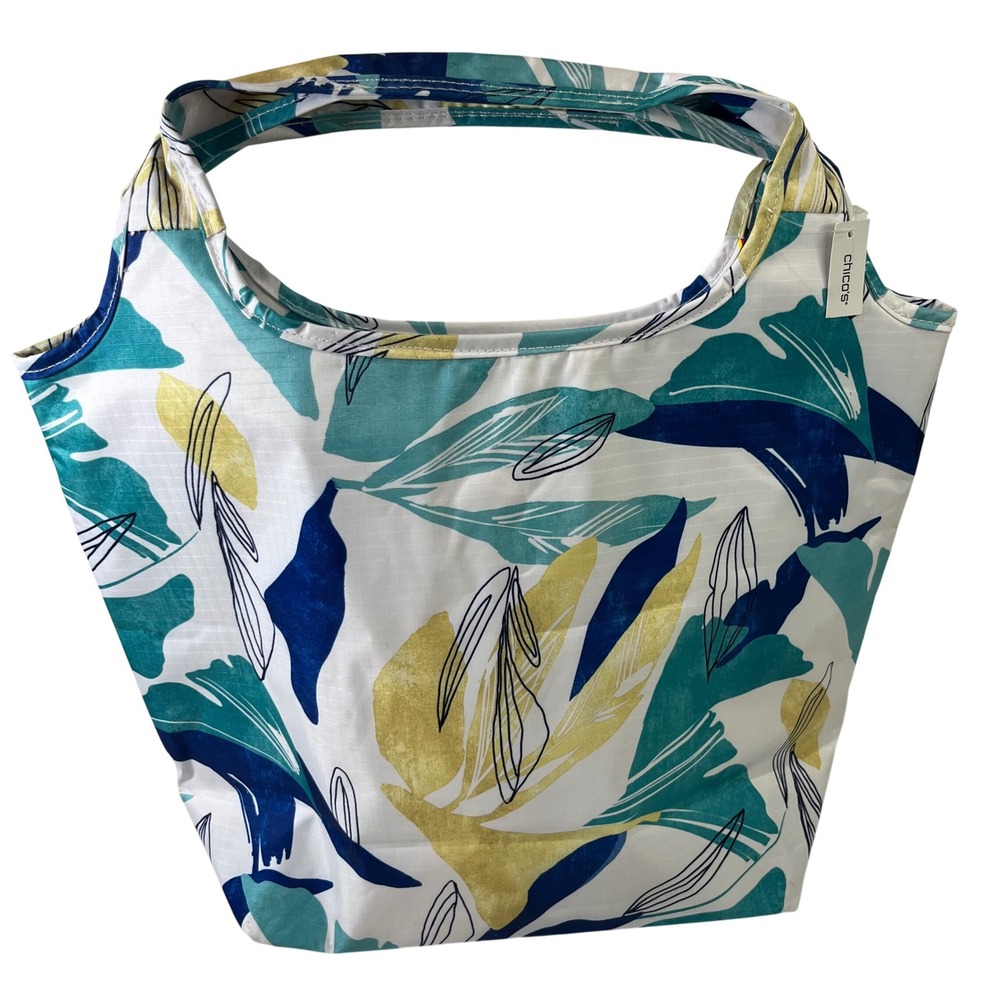 New Chicos Insulated Tote Bag Travel Blue Yellow Tropical Leaf Coastal Beachy - Picture 2 of 7